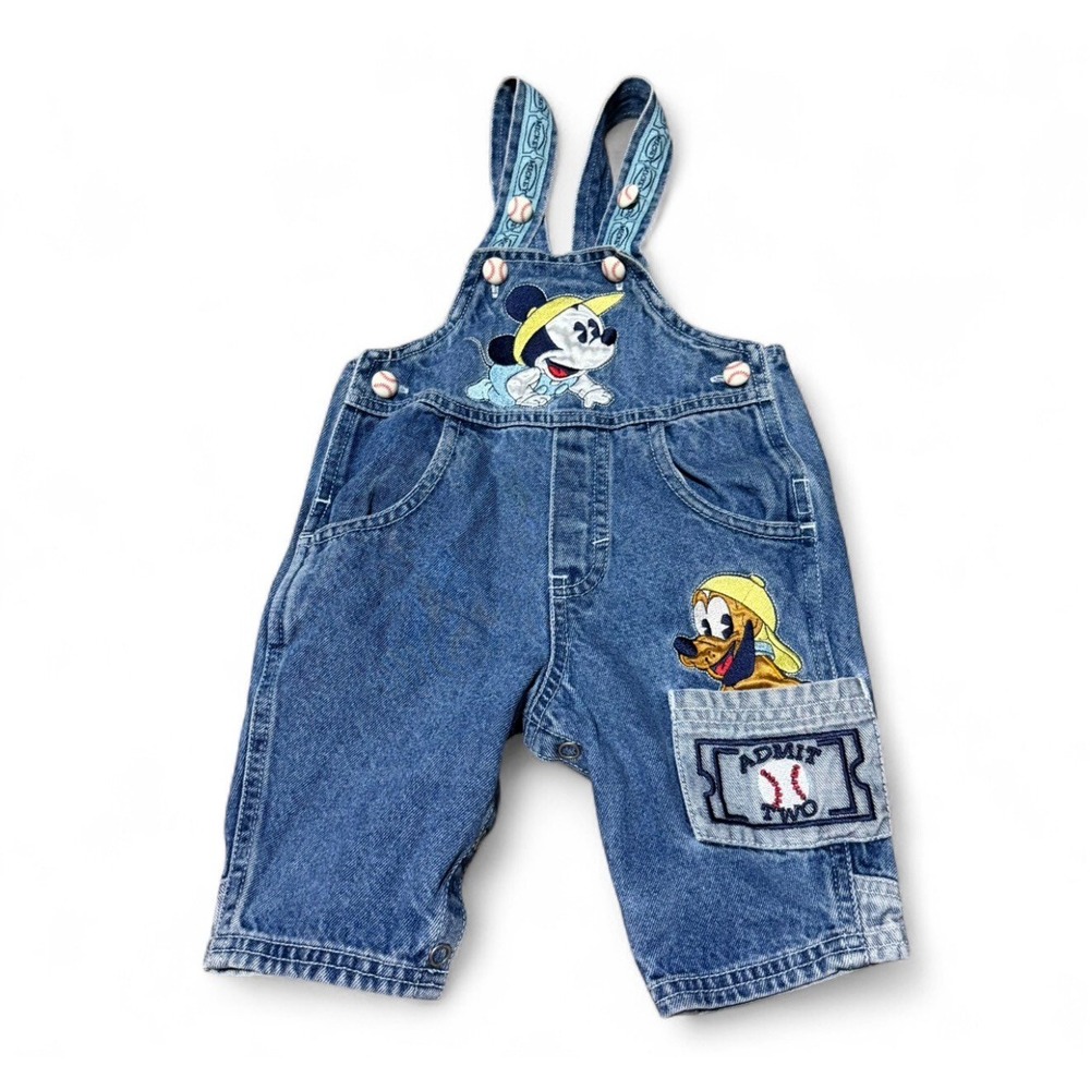 Vintage Disney Mickey Mouse Pluto Baseball Denim Overalls Baby 3-6M